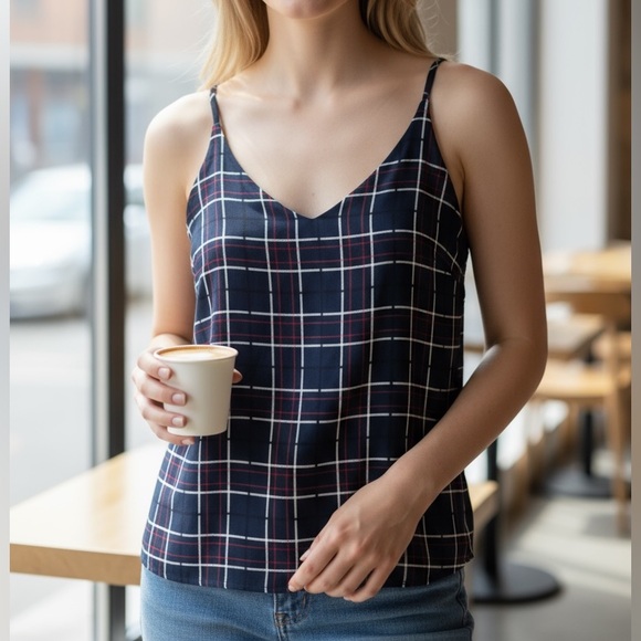 Banana Republic Factory Tops - Banana Republic Plaid V-neck Cami in Navy/Pink Windowpane Sz XS